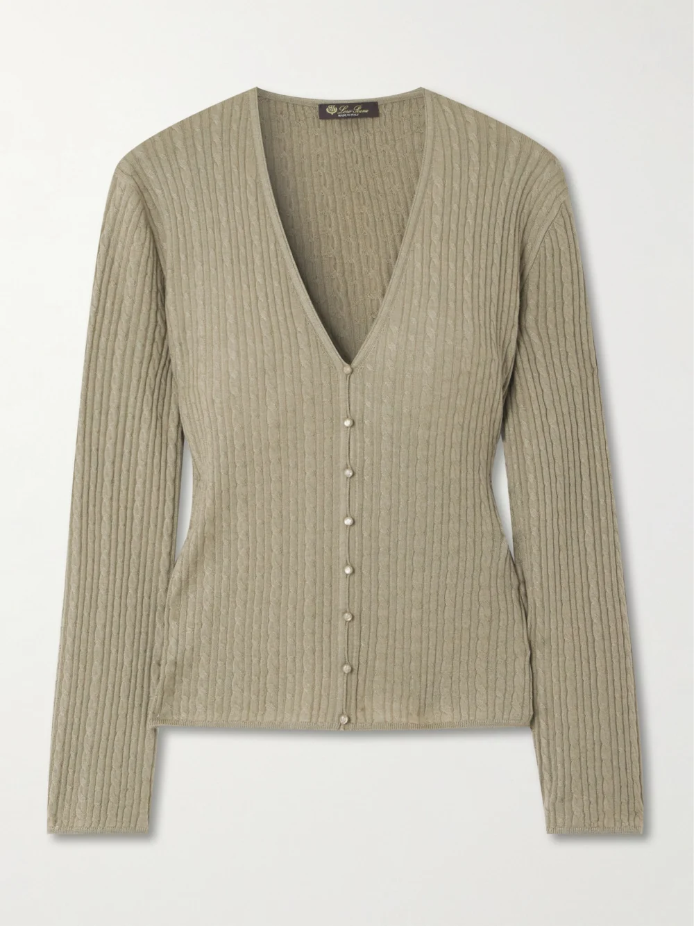 Loro Piana Rimella Cable-knit Cashmere and Silk-blend Cardigan in sage green