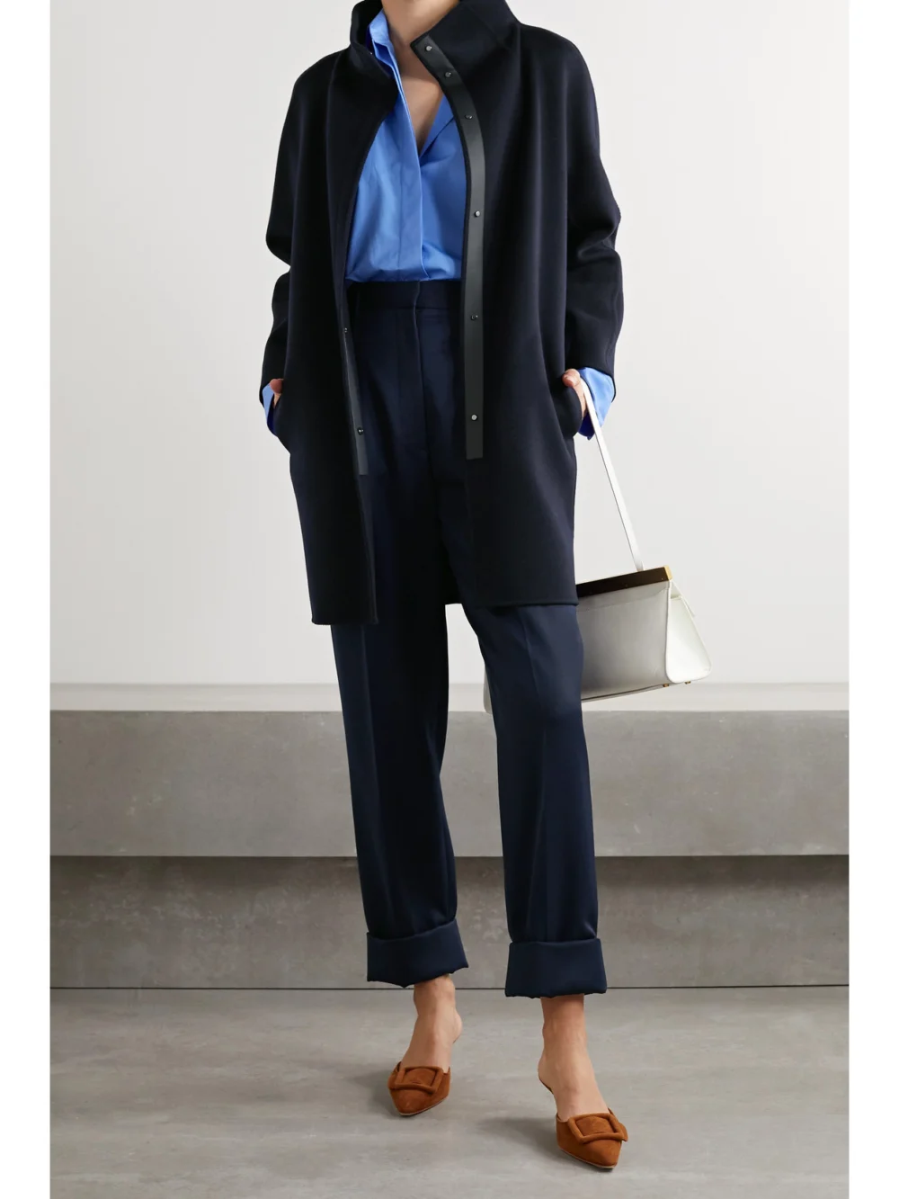 Loro Piana Roaden Leather-trimmed Cashmere Coat, worn by a model