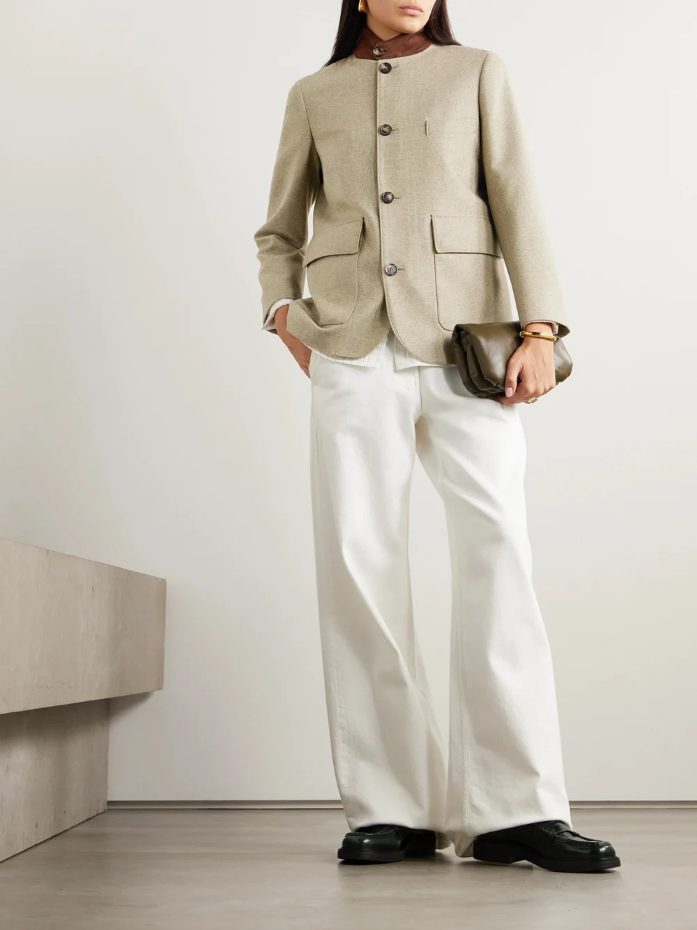 Loro Piana Roadster Suede-trimmed Wool and Cashmere-blend Flannel Jacket, worn by a model
