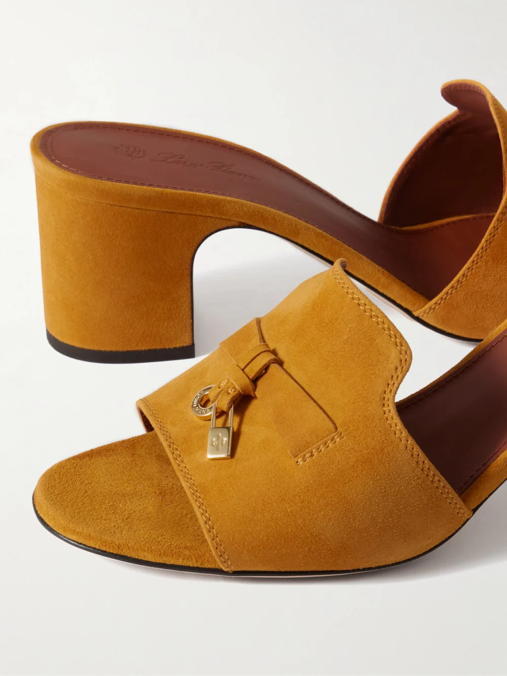 Close-up detail of the Loro Piana Summer Charms Embellished Suede Mules