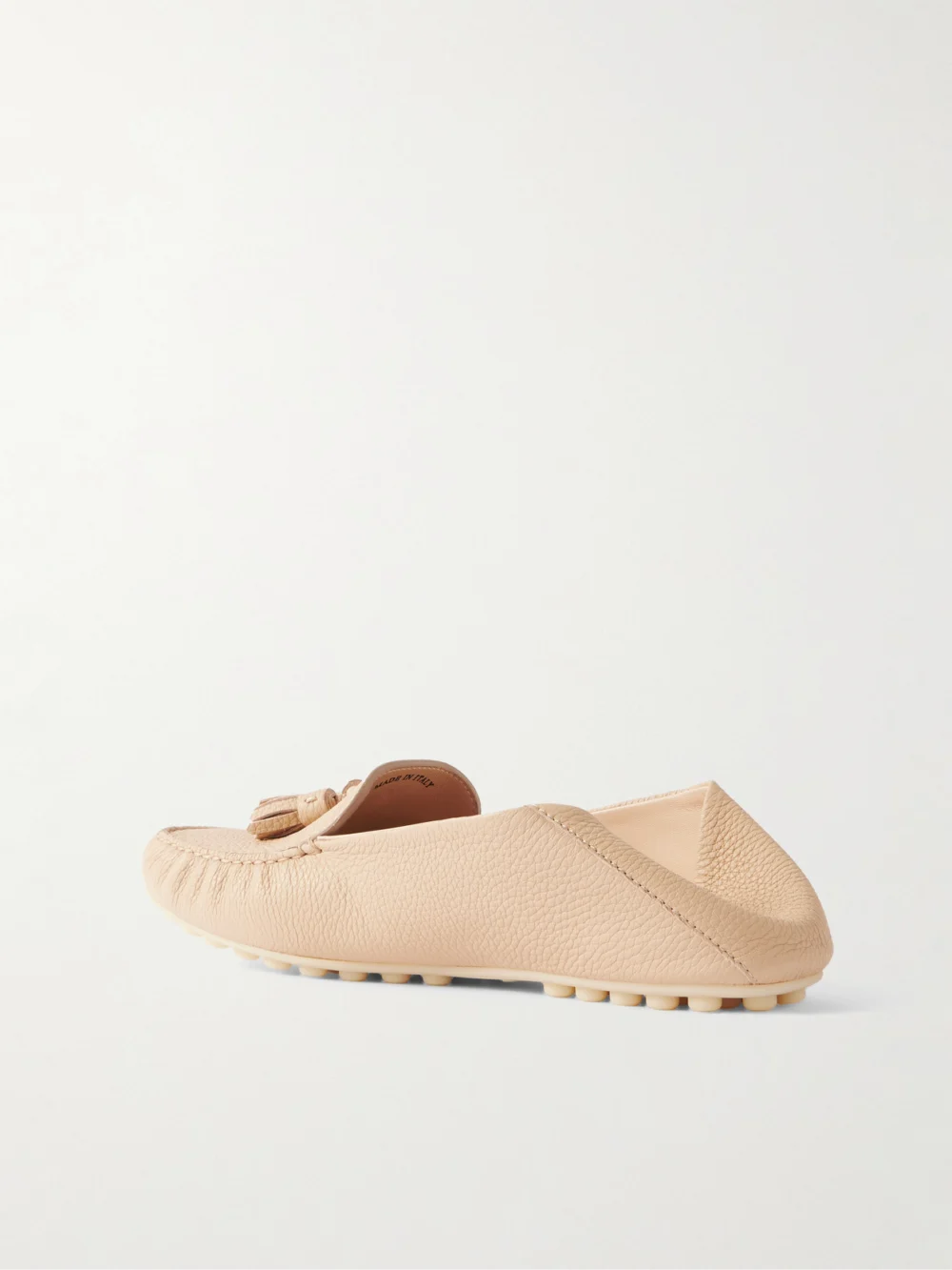 Back view of the Loro Piana Tasseled Textured-leather Collapsible-heel Loafers