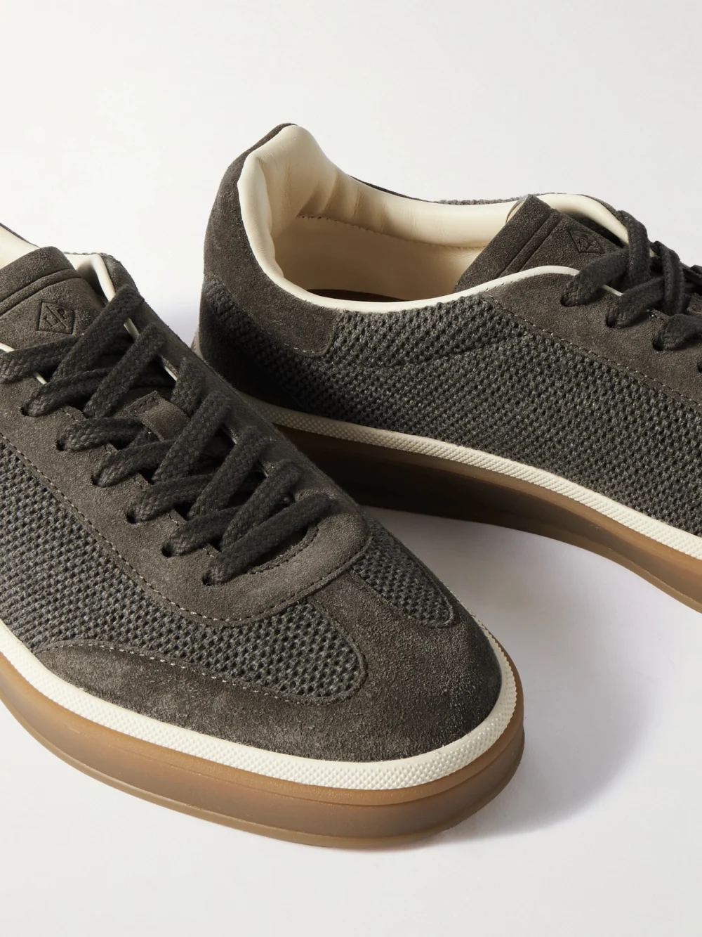 Close-up detail of the Loro Piana Tennis Walk Suede-trimmed Wool Sneakers