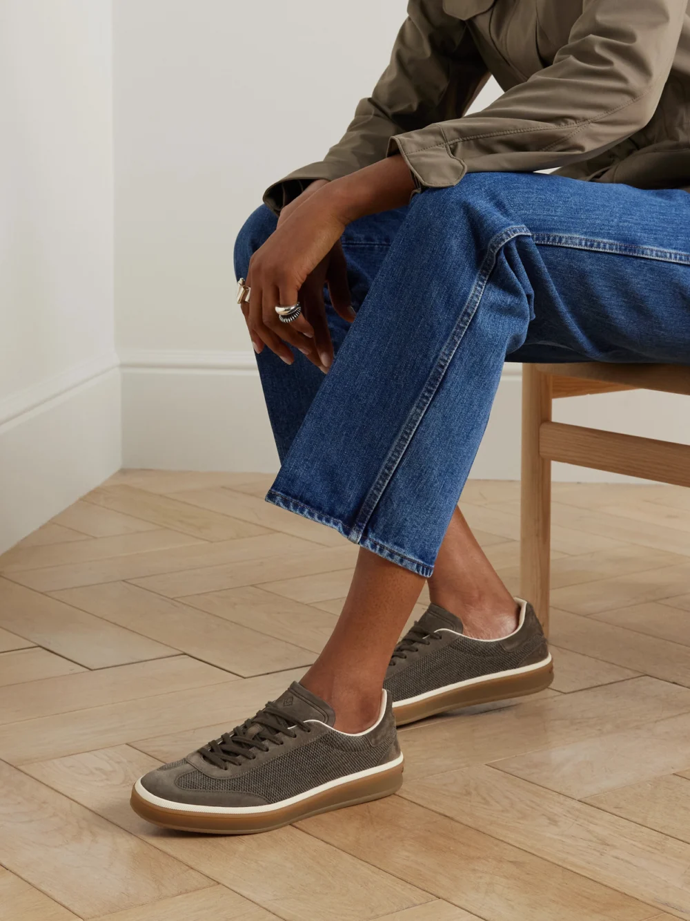 Side view of the Loro Piana Tennis Walk Suede-trimmed Wool Sneakers