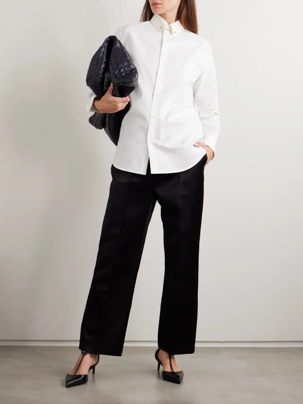 Loro Piana Thea Embellished Cotton Oxford Shirt, worn by a model