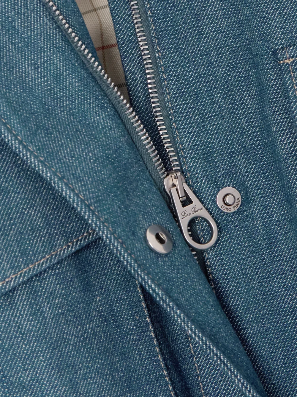 Close-up detail of the Loro Piana Traveller Denim Jacket