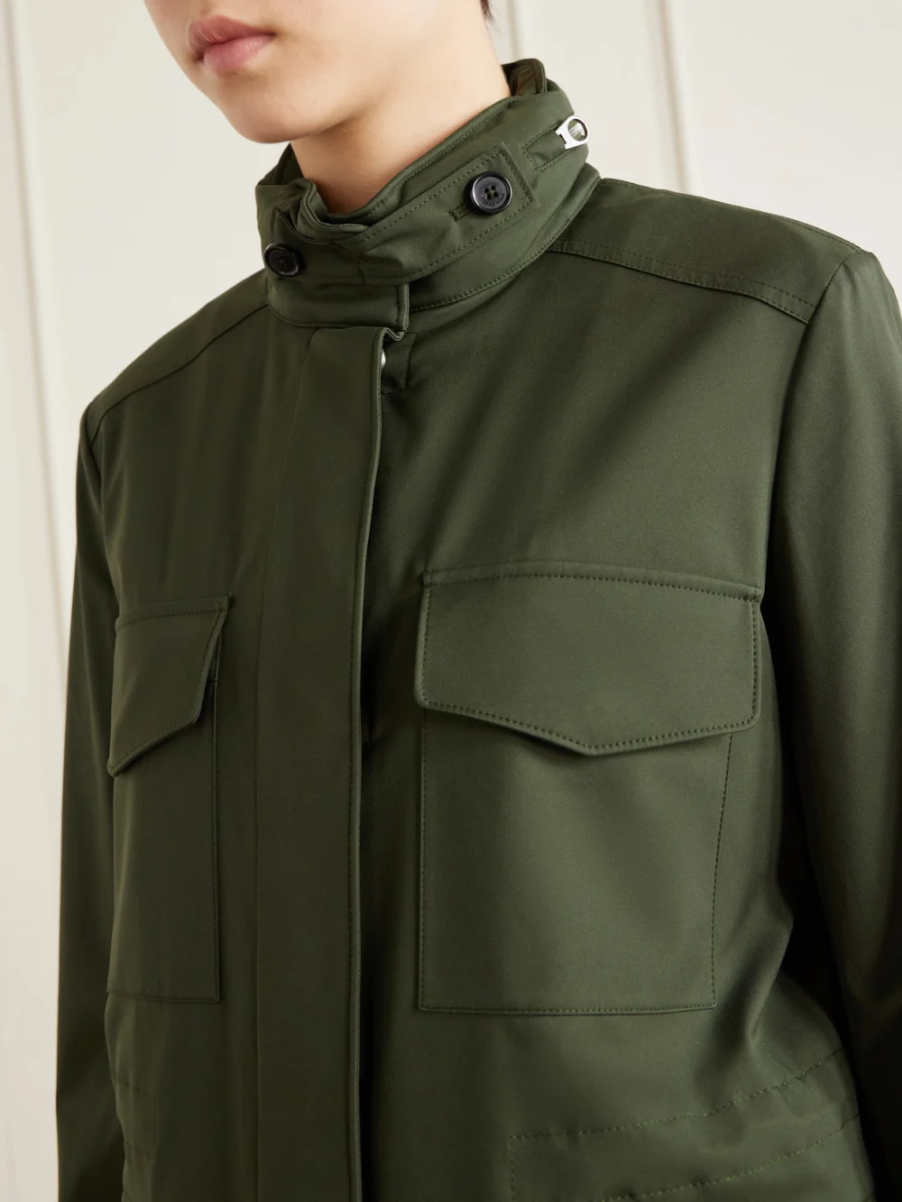 Close-up detail of the Loro Piana Traveller Mini Windmate® Shell Jacket