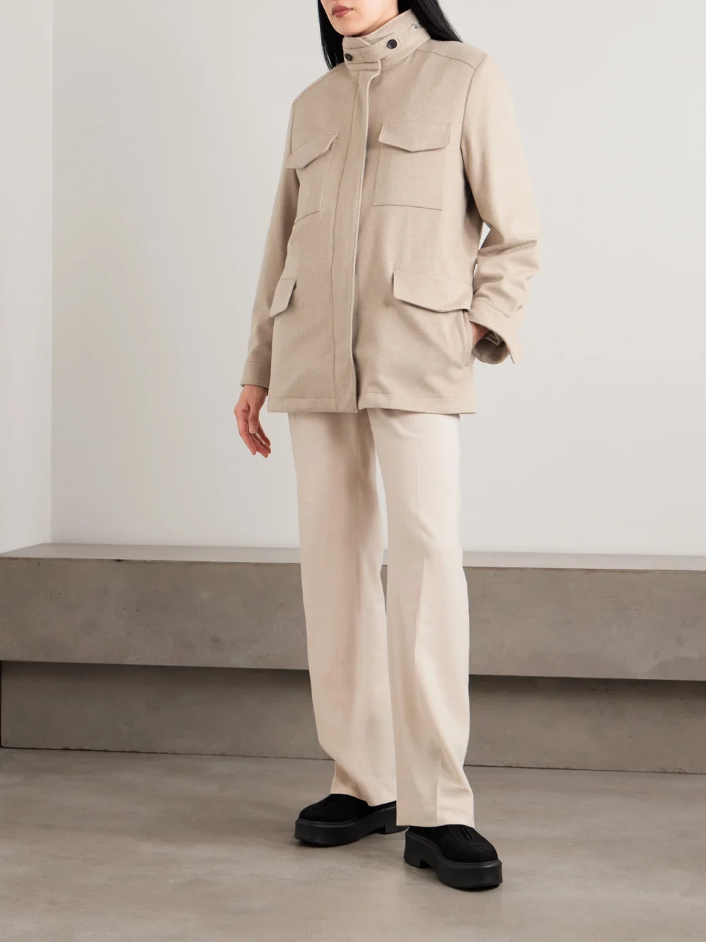 Loro Piana Traveller Suede-trimmed Cashmere Jacket, worn by a model