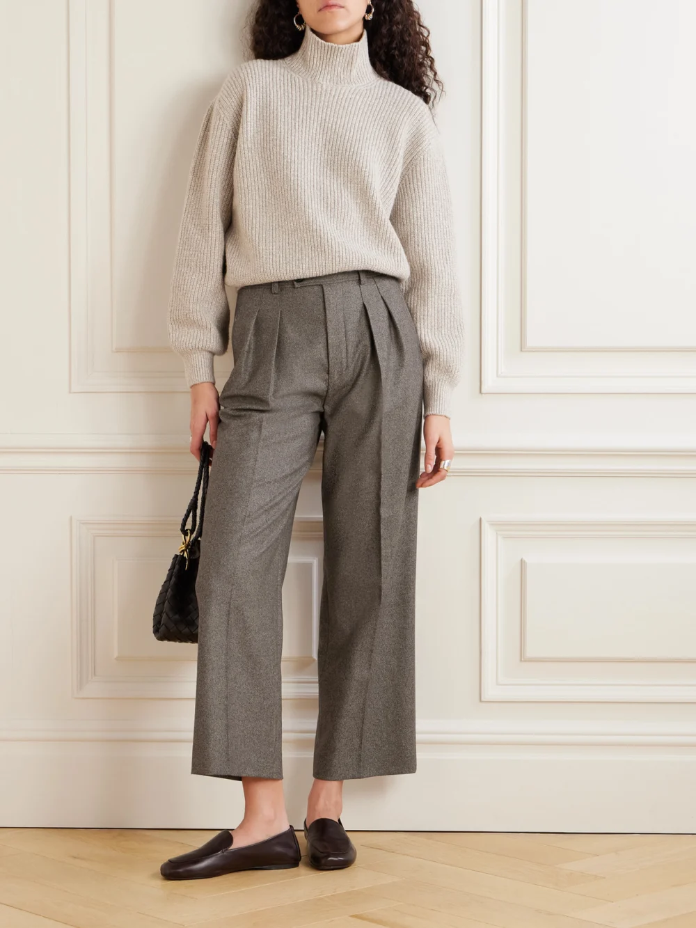 Loro Piana Yurik Pleated Wool and Cashmere-blend Flannel Straight-leg Pants, worn by a model