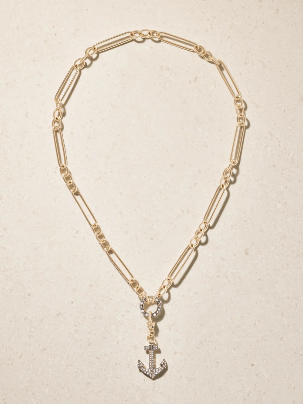 Close-up detail of the Lucy Delius Anchor 14-karat Gold Rhodium-plated Diamond Necklace