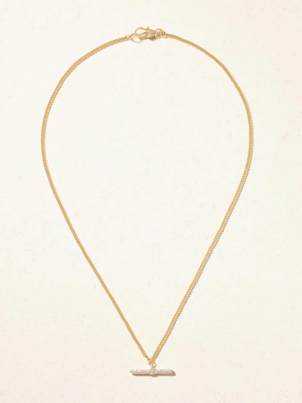 Close-up detail of the Lucy Delius Baby T-bar 14-karat Gold Diamond Necklace