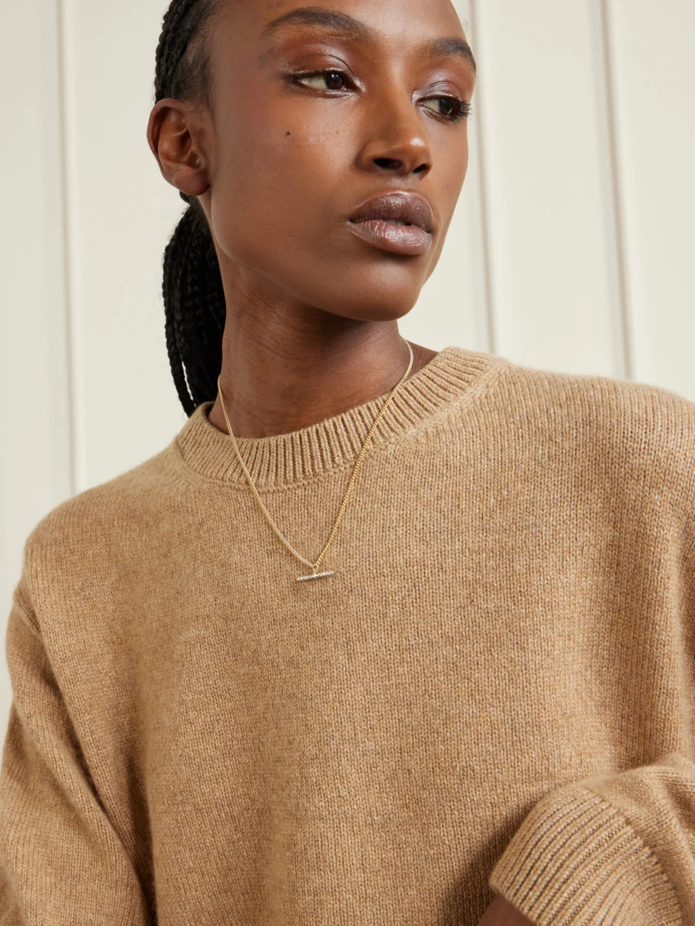 Lucy Delius Baby T-bar 14-karat Gold Diamond Necklace, styled view