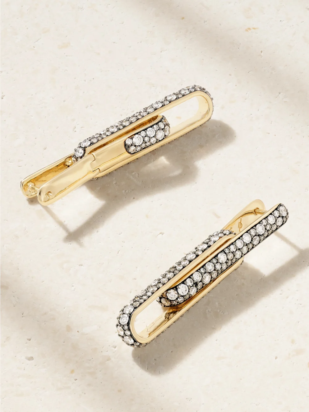 Close-up detail of the Lucy Delius Stirrup 14-karat Gold Diamond Earrings