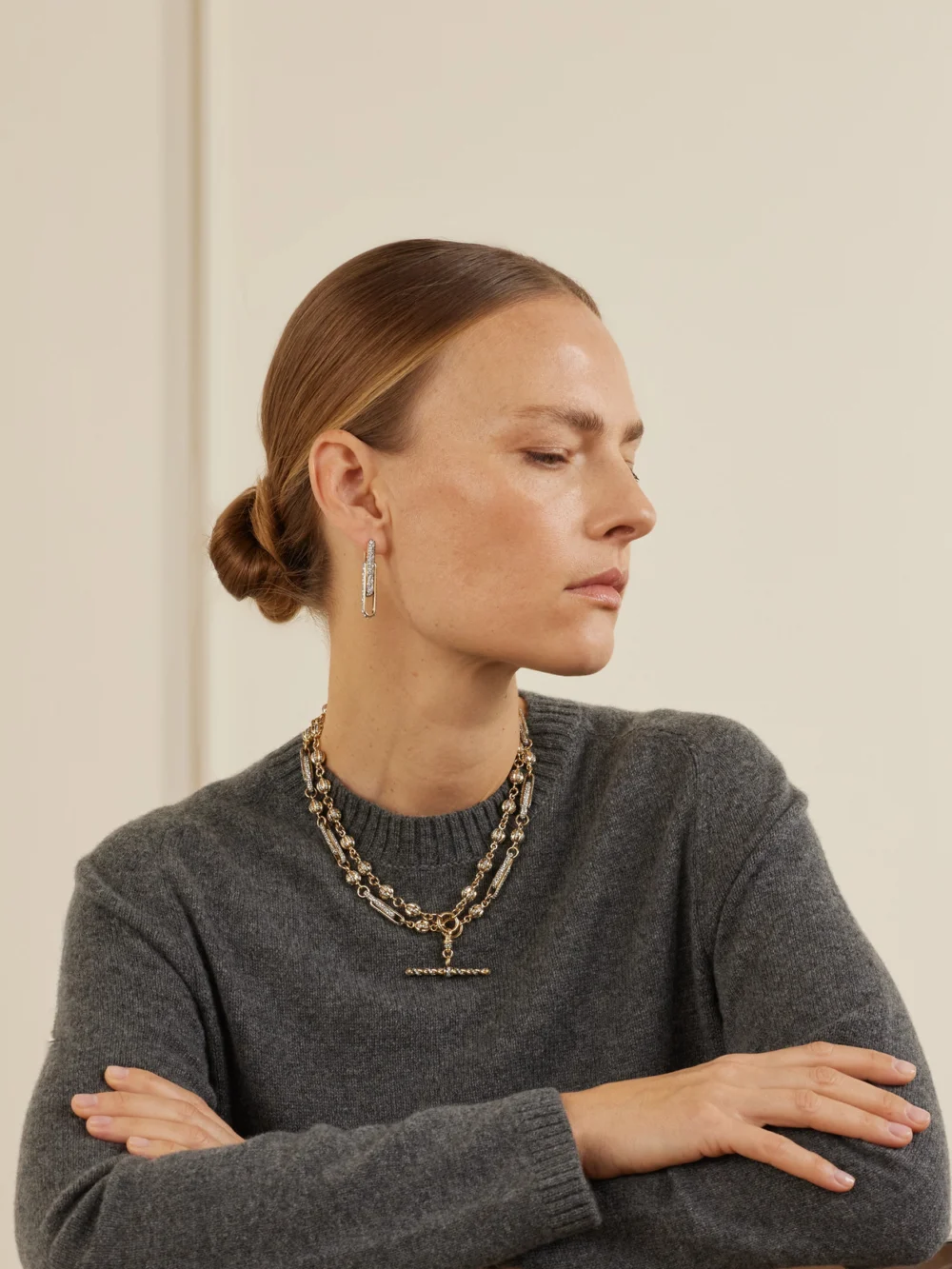 Lucy Delius Stirrup 14-karat Gold Diamond Earrings, styled view