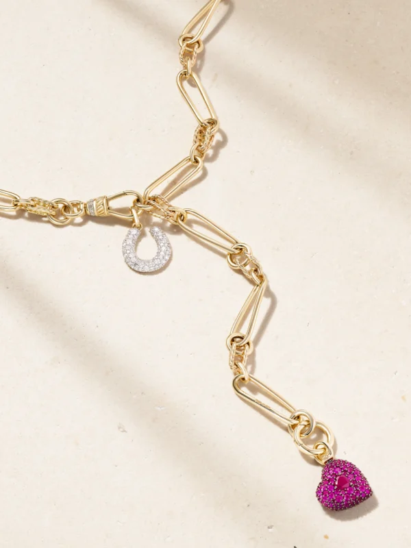 Lucy Delius Twisted Chain, Horseshoe and Heart Convertible 14-karat Gold, Rhodium-plated, Ruby and Diamond Necklace