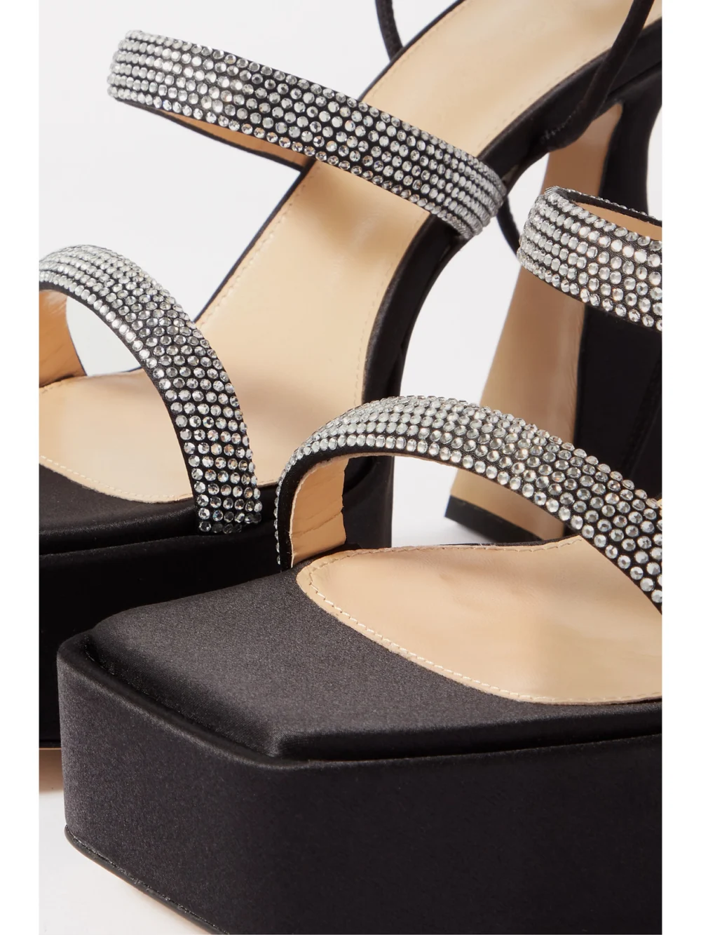 Close-up detail of the Mach & Mach Devon Crystal-embellished Satin Platform Sandals