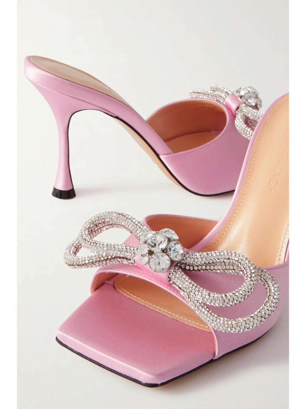 Close-up detail of the Mach & Mach Double Bow Crystal-embellished Satin Mules