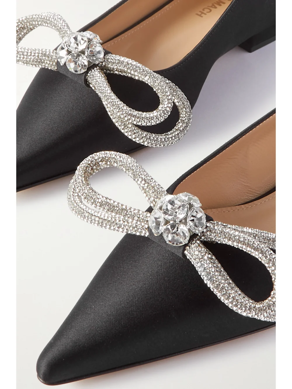 Close-up detail of the Mach & Mach Double Bow Crystal-embellished Satin Point-toe Flats