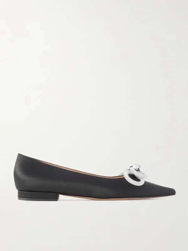 Mach & Mach Double Bow Crystal-embellished Satin Point-toe Flats