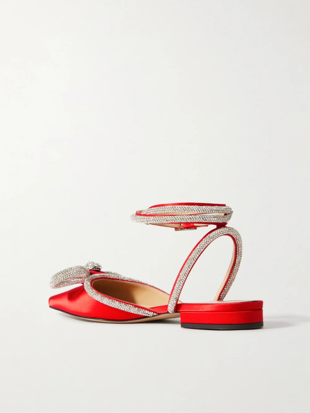 Back view of the Mach & Mach Double Bow Crystal-embellished Satin Point-toe Flats