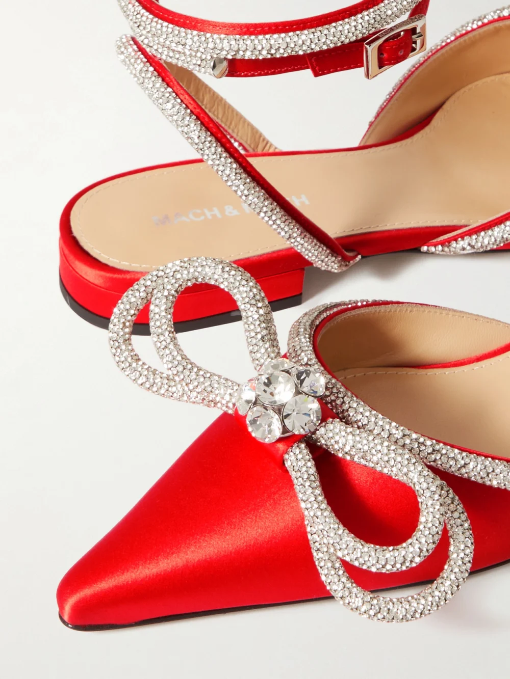 Close-up detail of the Mach & Mach Double Bow Crystal-embellished Satin Point-toe Flats