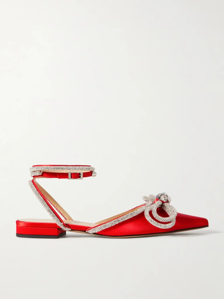 Mach & Mach Double Bow Crystal-embellished Satin Point-toe Flats