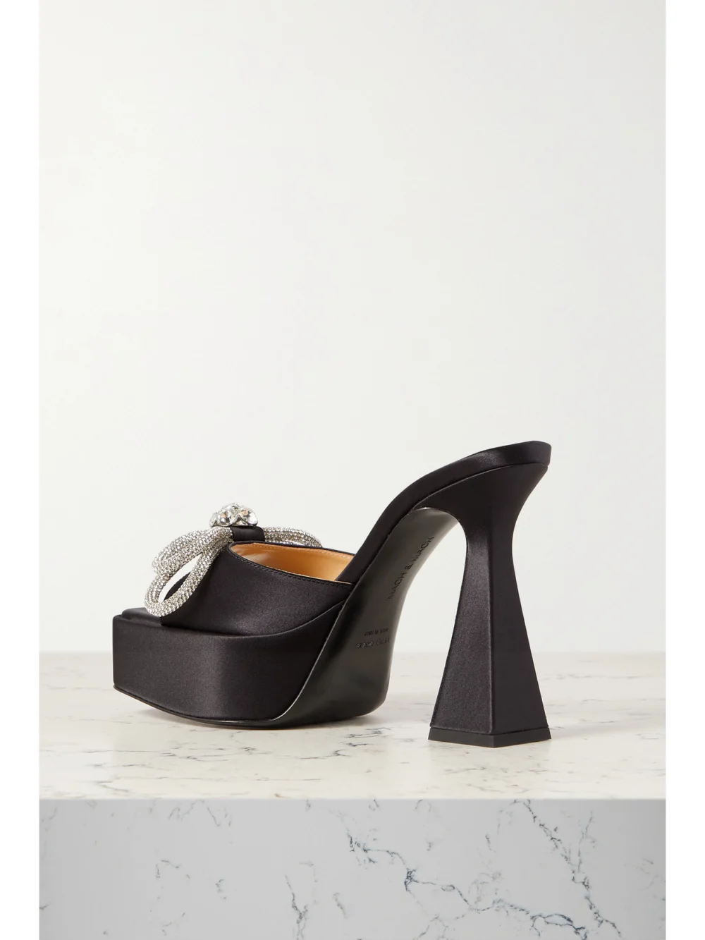 Back view of the Mach & Mach Double Bow Crystal-embellished Silk-satin Platform Mules