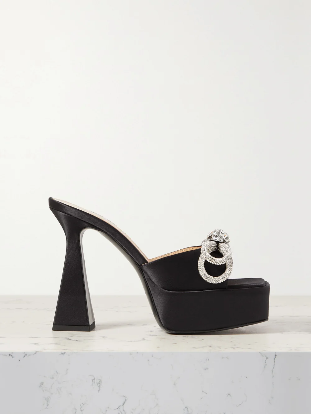 Mach & Mach Double Bow Crystal-embellished Silk-satin Platform Mules in black