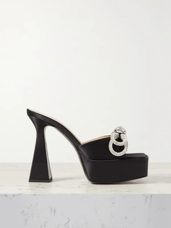 Mach & Mach Double Bow Crystal-embellished Silk-satin Platform Mules