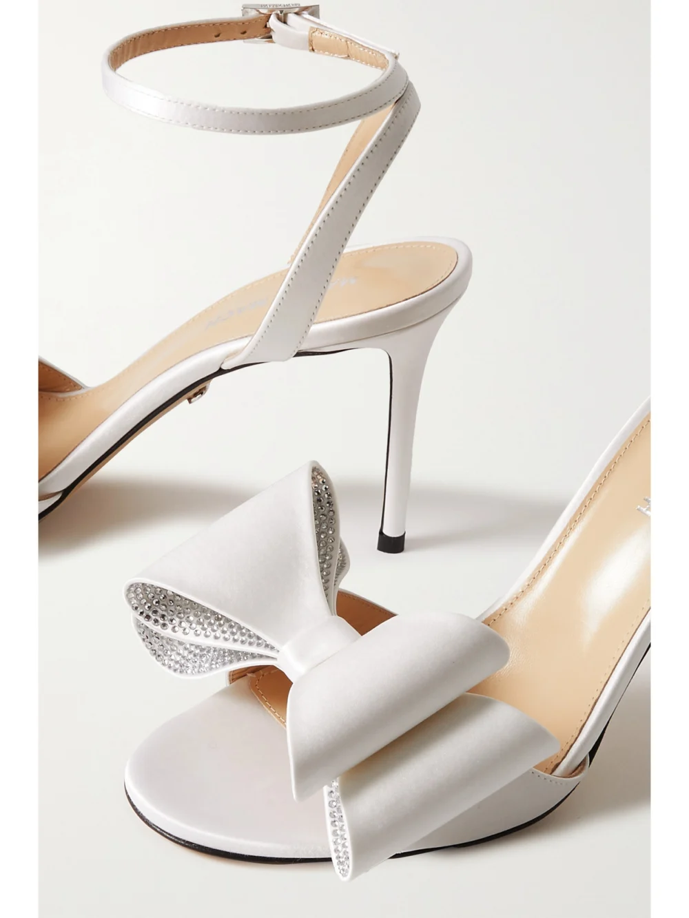 Close-up detail of the Mach & Mach Le Cadeau Crystal-embellished Satin Sandals
