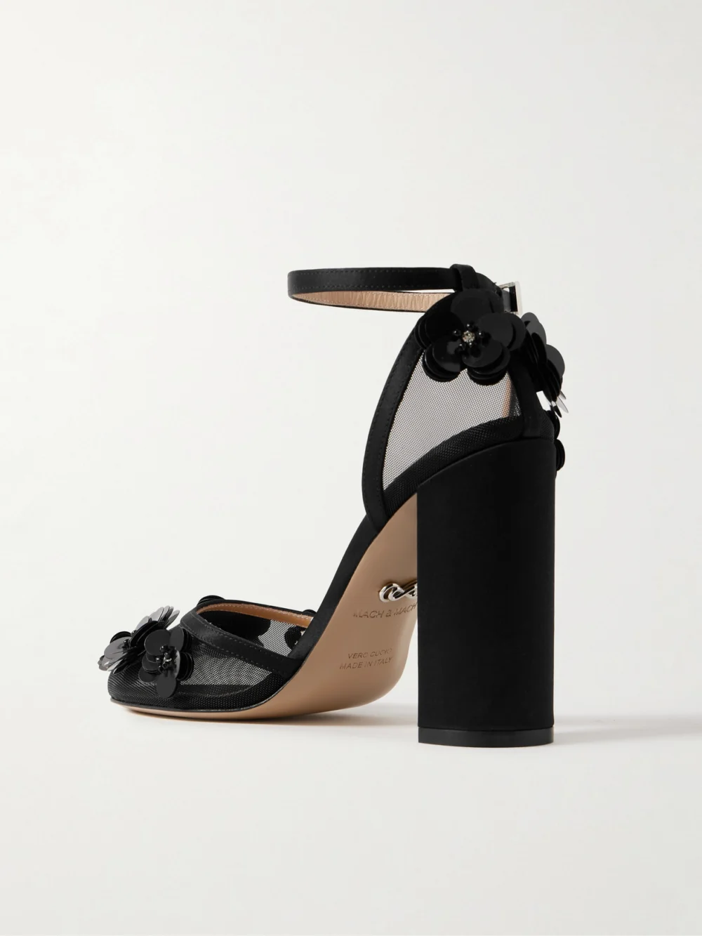 Back view of the Mach & Mach Satin-trimmed Embellished Mesh Pumps
