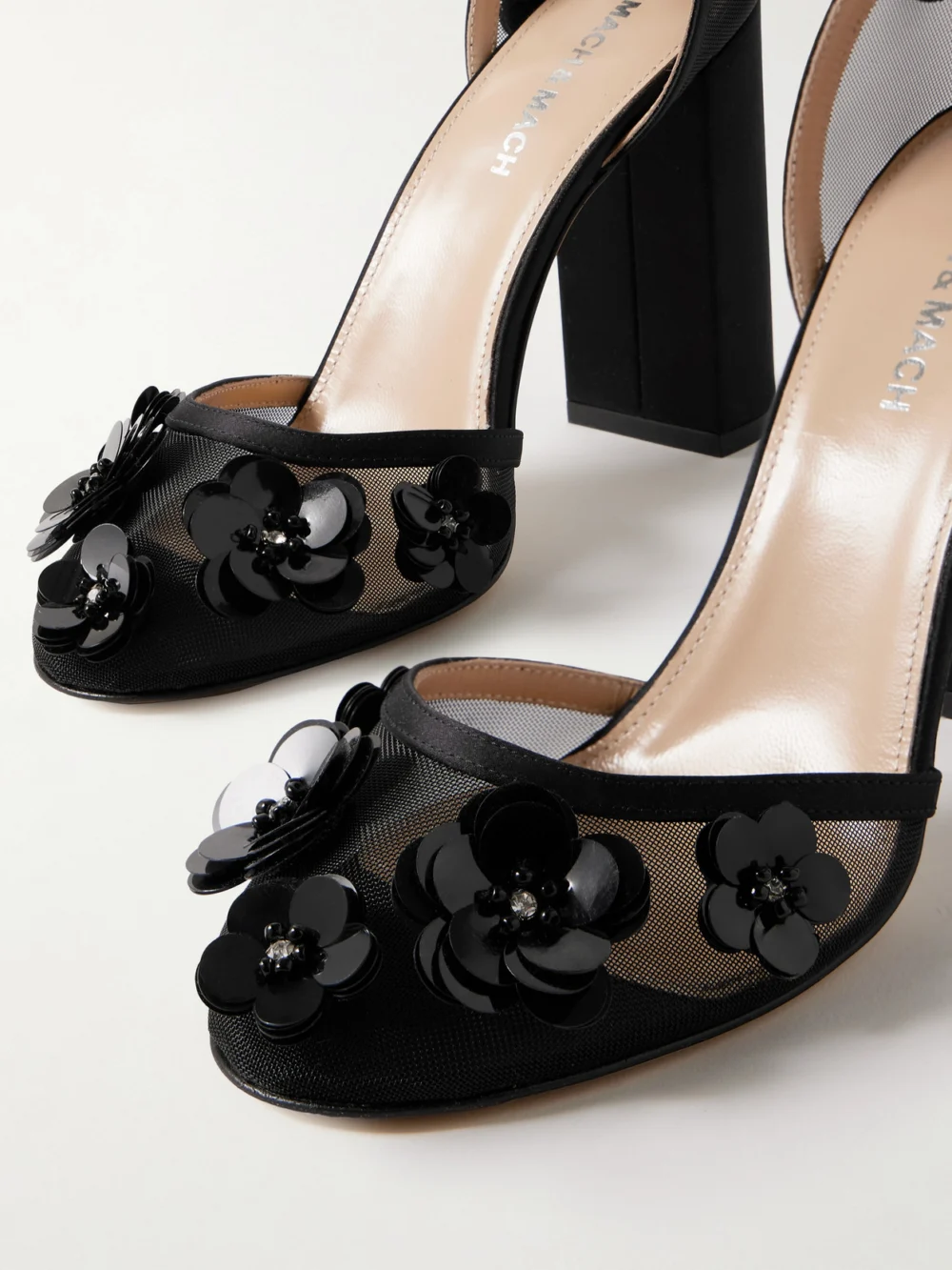 Close-up detail of the Mach & Mach Satin-trimmed Embellished Mesh Pumps