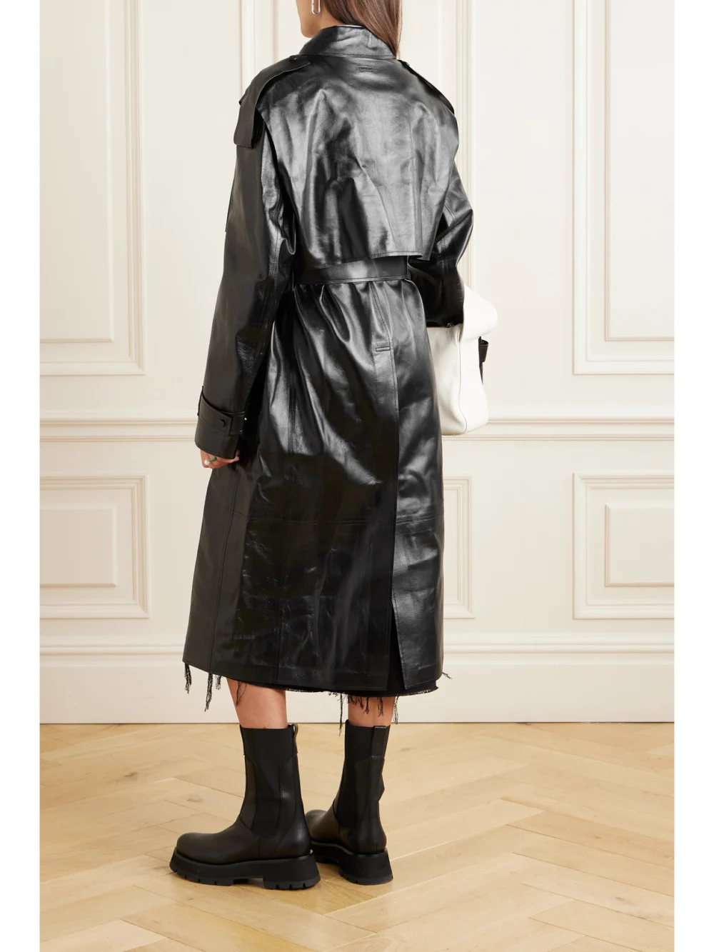 Back view of the Mackage Adriana Double-breasted Belted Leather Trench Coat