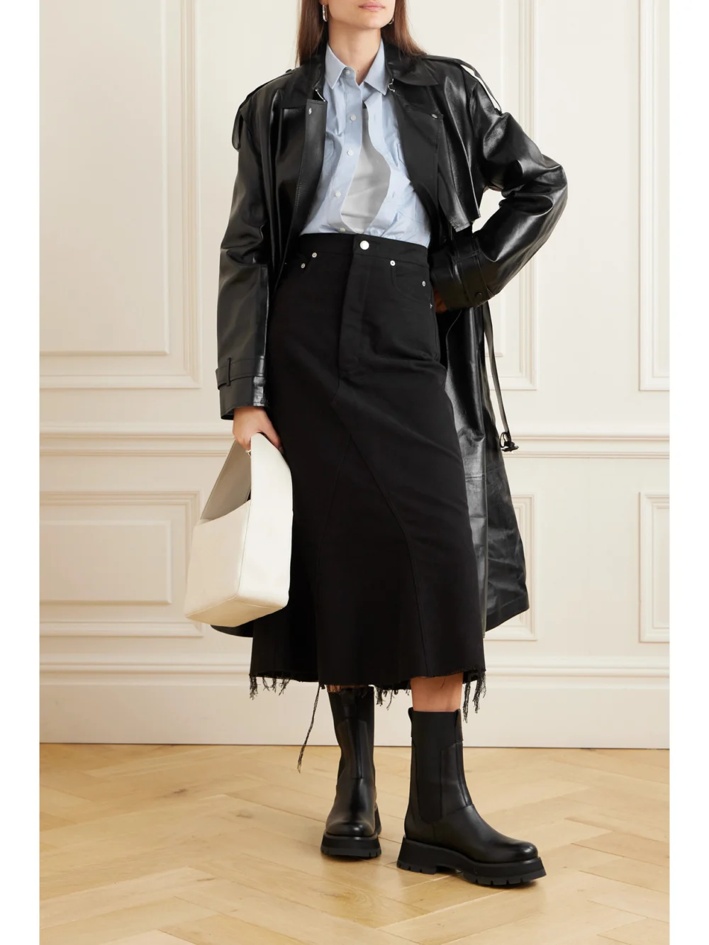Mackage Adriana Double-breasted Belted Leather Trench Coat, worn by a model