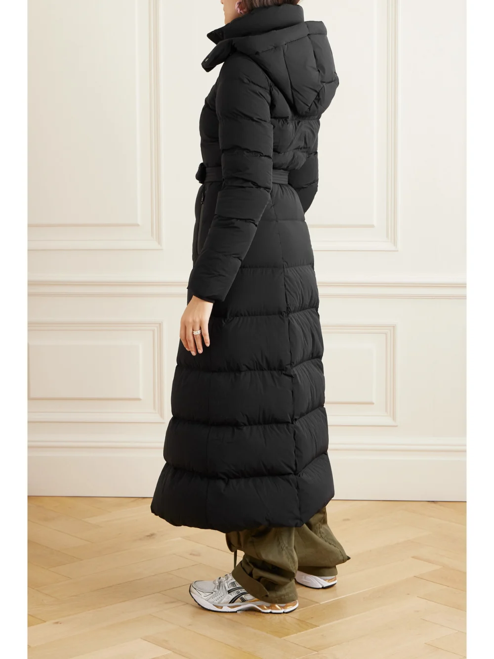 Back view of the Mackage Calina-city Belted Hooded Quilted Recycled-shell Down Coat