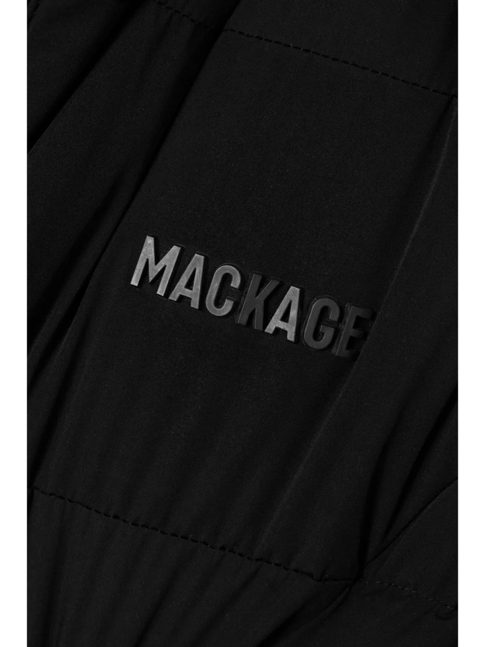 Close-up detail of the Mackage Calina-city Belted Hooded Quilted Recycled-shell Down Coat