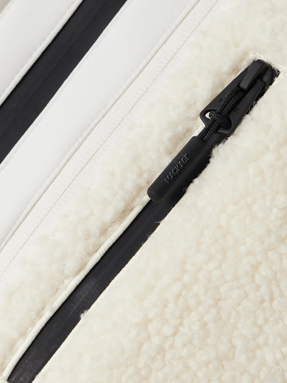 Close-up detail of the Mackage Dewi Convertible Fleece-trimmed Down Ski Jacket