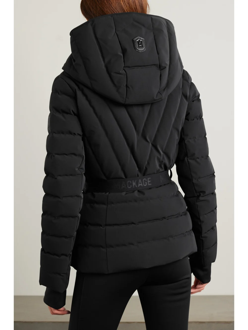 Back view of the Mackage Elita Hooded Belted Quilted Down Ski Jacket