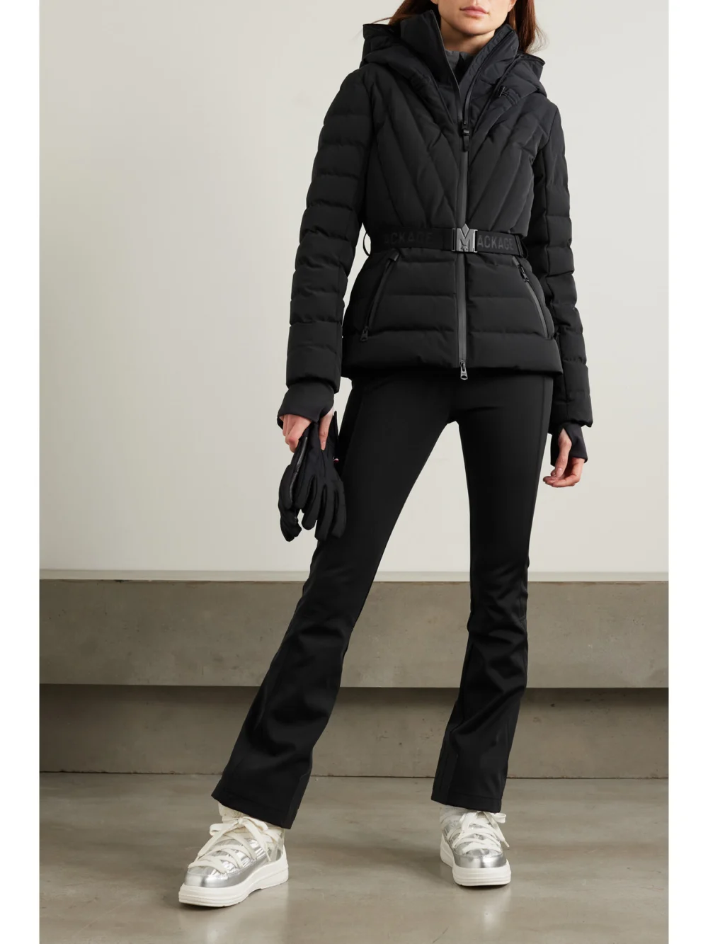 Mackage Elita Hooded Belted Quilted Down Ski Jacket, worn by a model