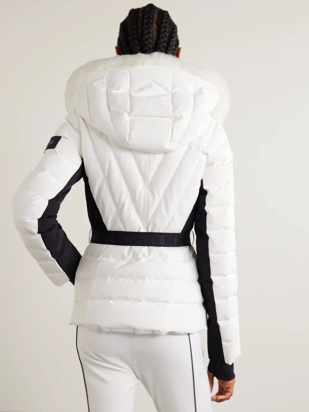 Back view of the Mackage Elita Hooded Belted Quilted Down Ski Jacket