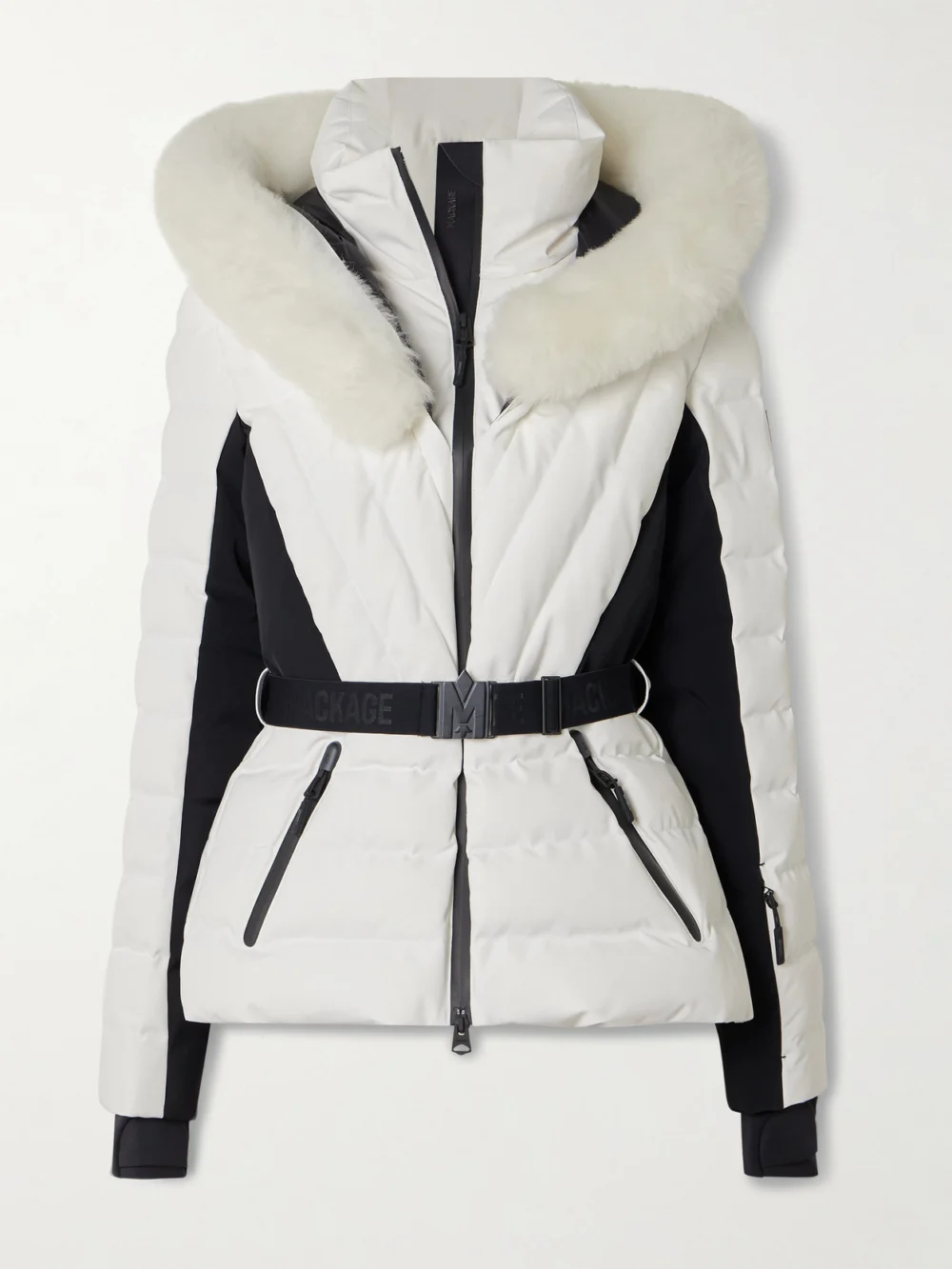 Mackage Elita Hooded Belted Quilted Down Ski Jacket in off-white