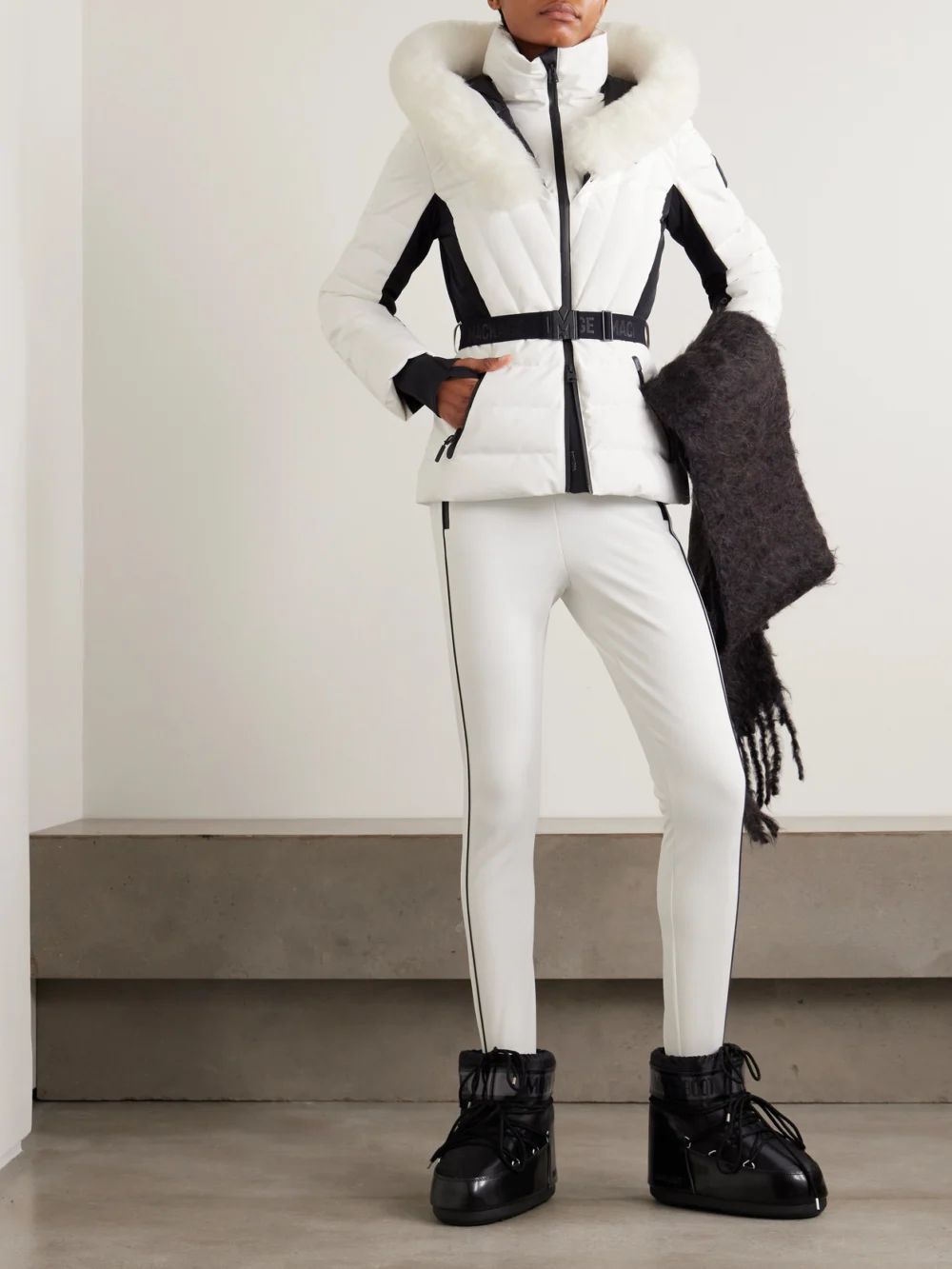 Mackage Elita Hooded Belted Quilted Down Ski Jacket, worn by a model