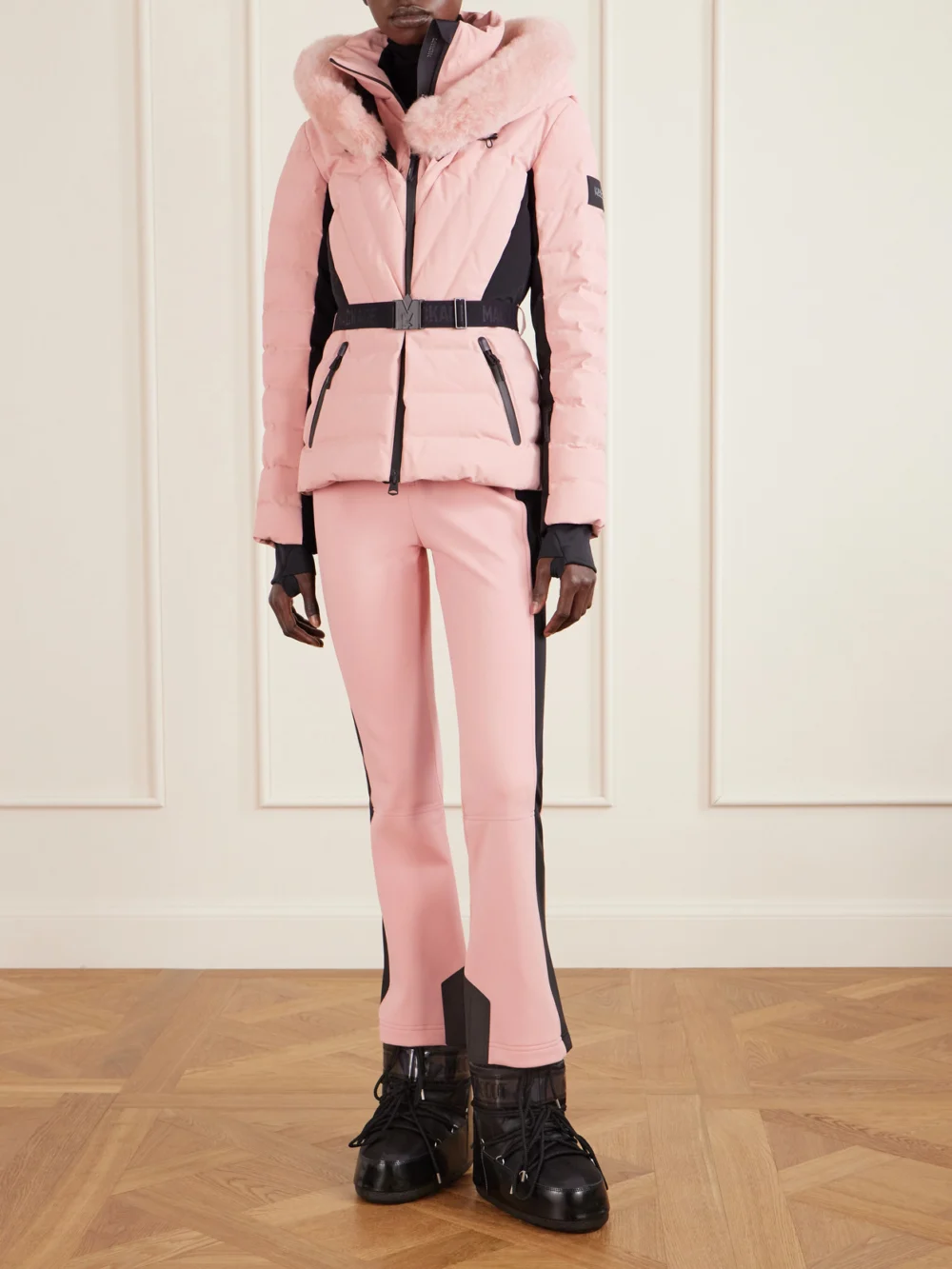 Mackage Elita Hooded Belted Quilted Down Ski Jacket, worn by a model