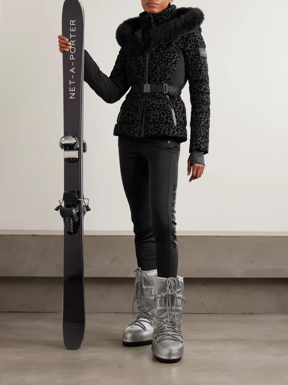 Mackage Elita Hooded Belted Shearling-trimmed Flocked Down Ski Jacket, worn by a model