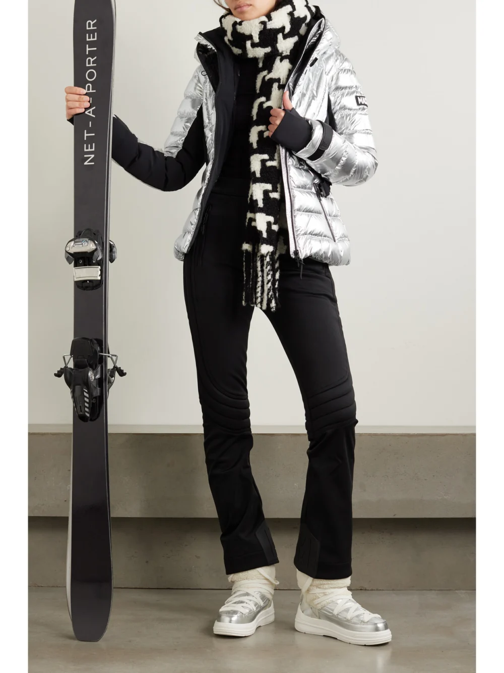 Mackage Elita Metallic Quilted Down Ski Jacket, worn by a model