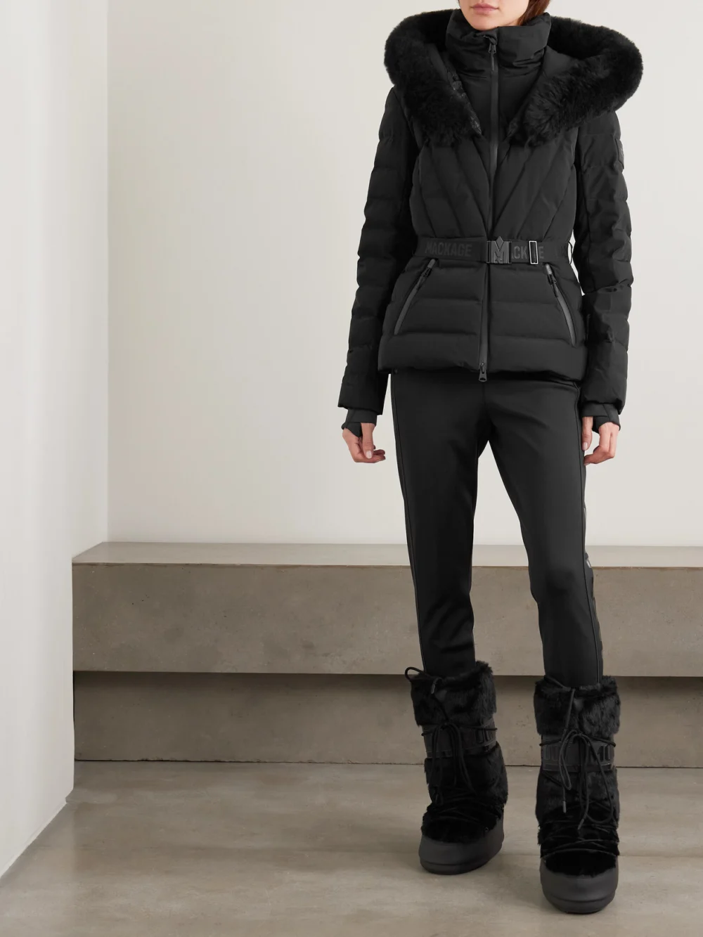Mackage Elita Plush-trimmed Hooded Belted Quilted Down Ski Jacket, worn by a model