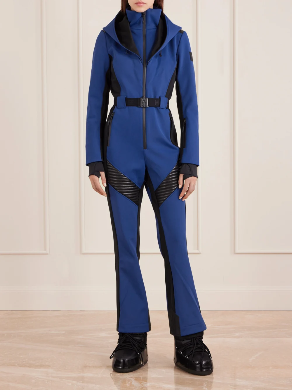 Mackage Elle Belted Hooded Ski Suit, worn by a model