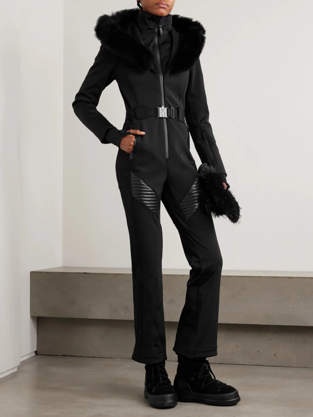 Mackage Elle Hooded Belted Shearling-trimmed Padded Ski Suit, worn by a model