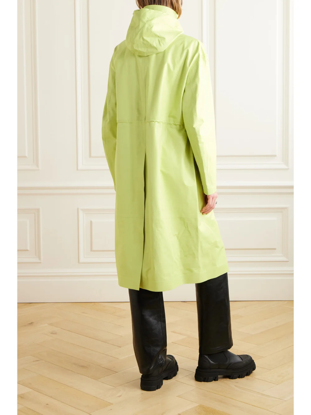 Back view of the Mackage Glory Hooded Leather Trench Coat