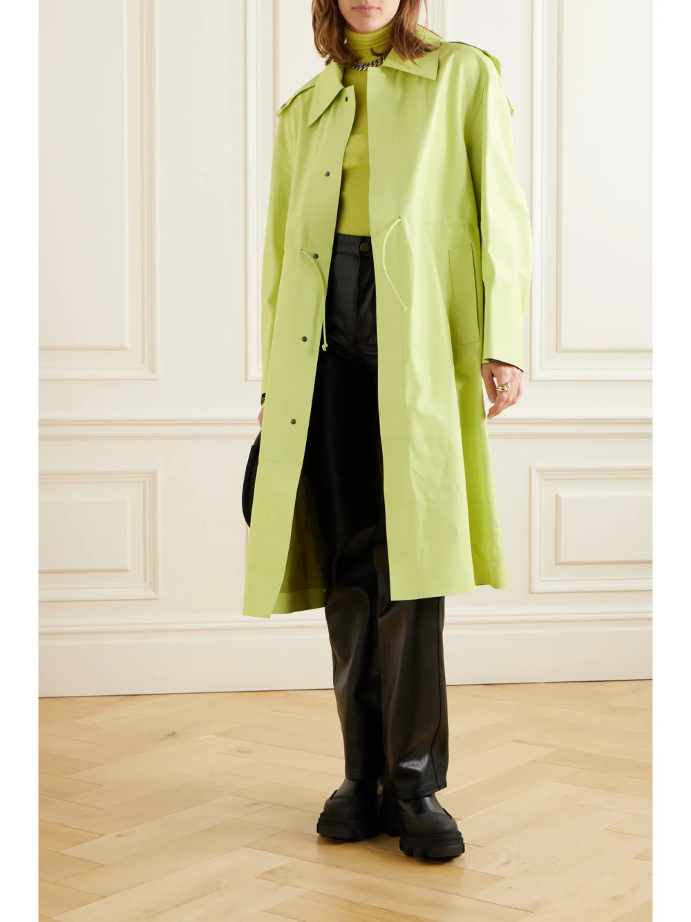 Mackage Glory Hooded Leather Trench Coat, worn by a model