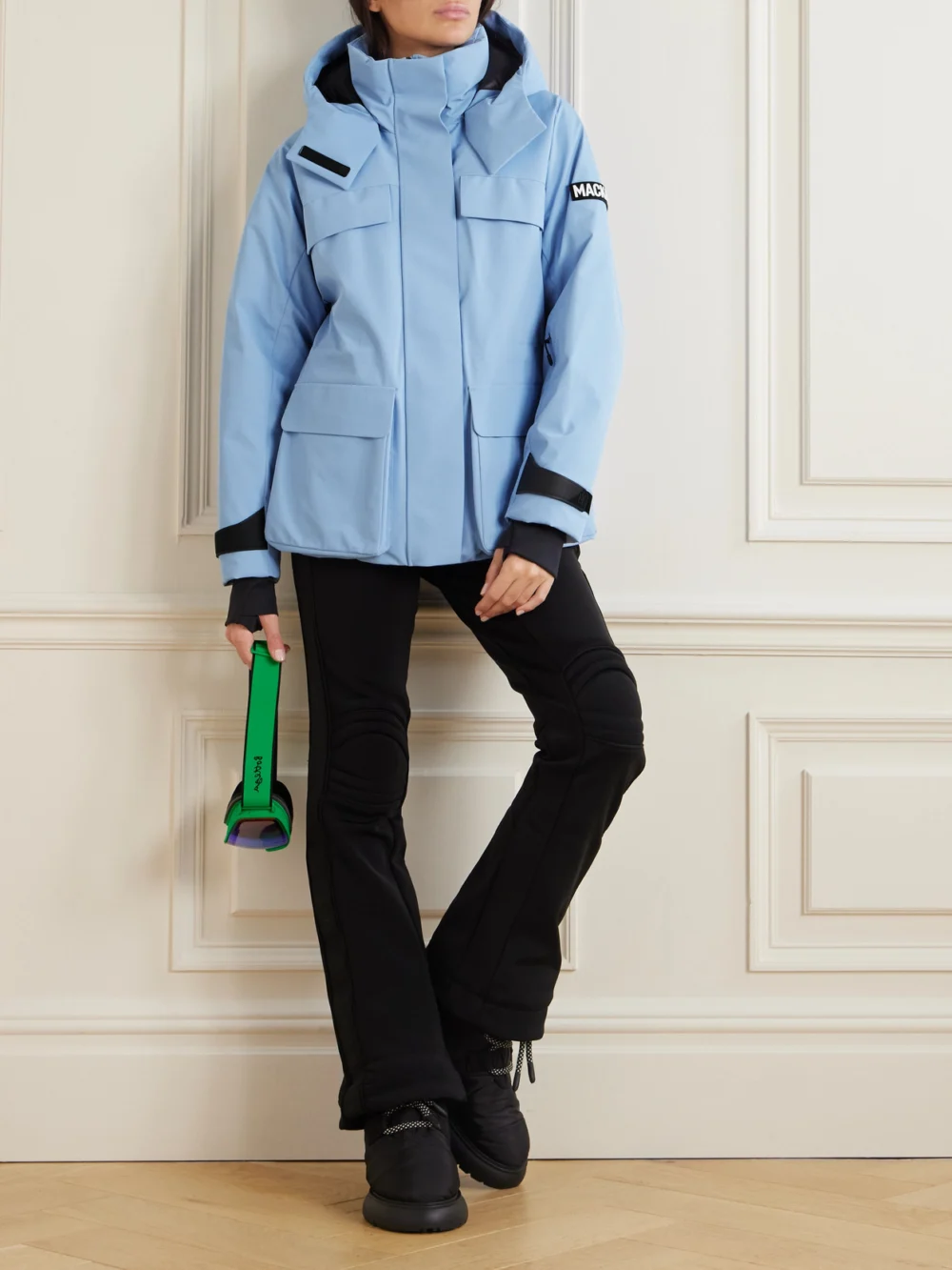 Mackage Iclyn-r Hooded Appliquéd Down Ski Jacket, worn by a model